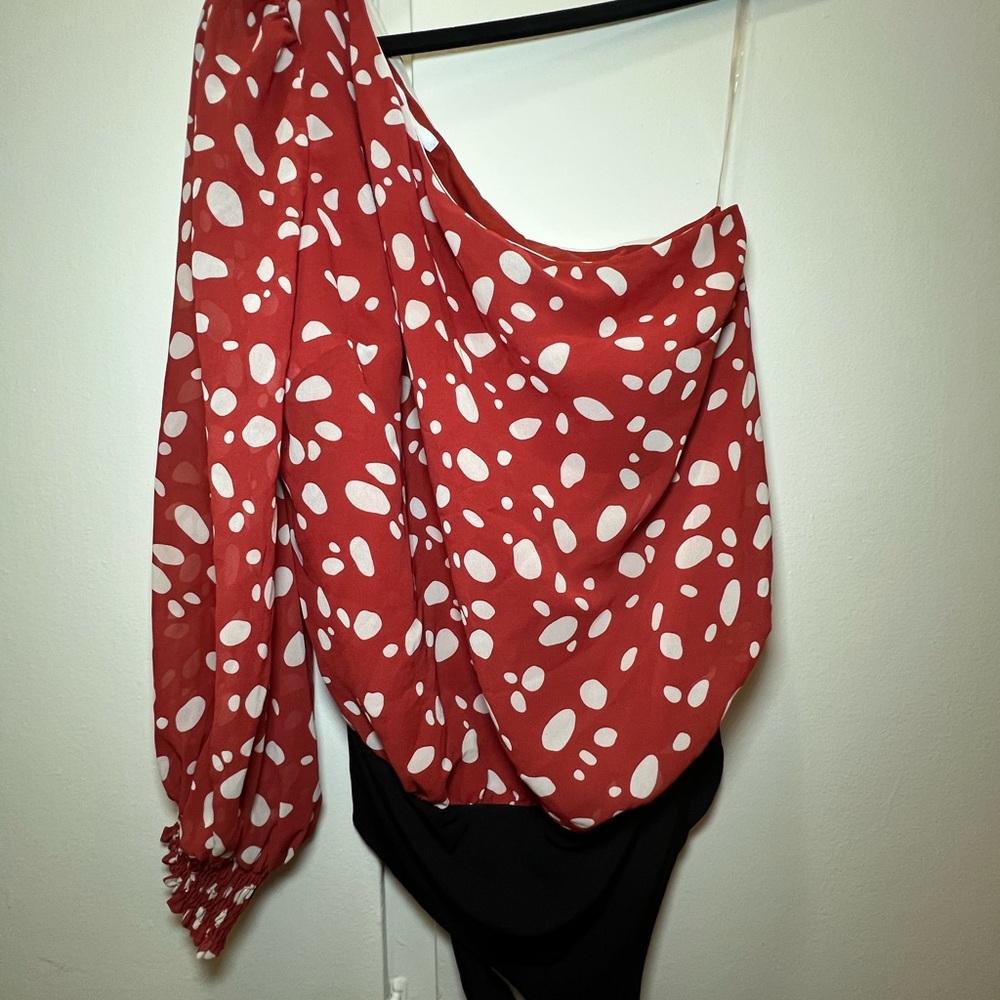 Red and White Polka Dot One-Shoulder Top
